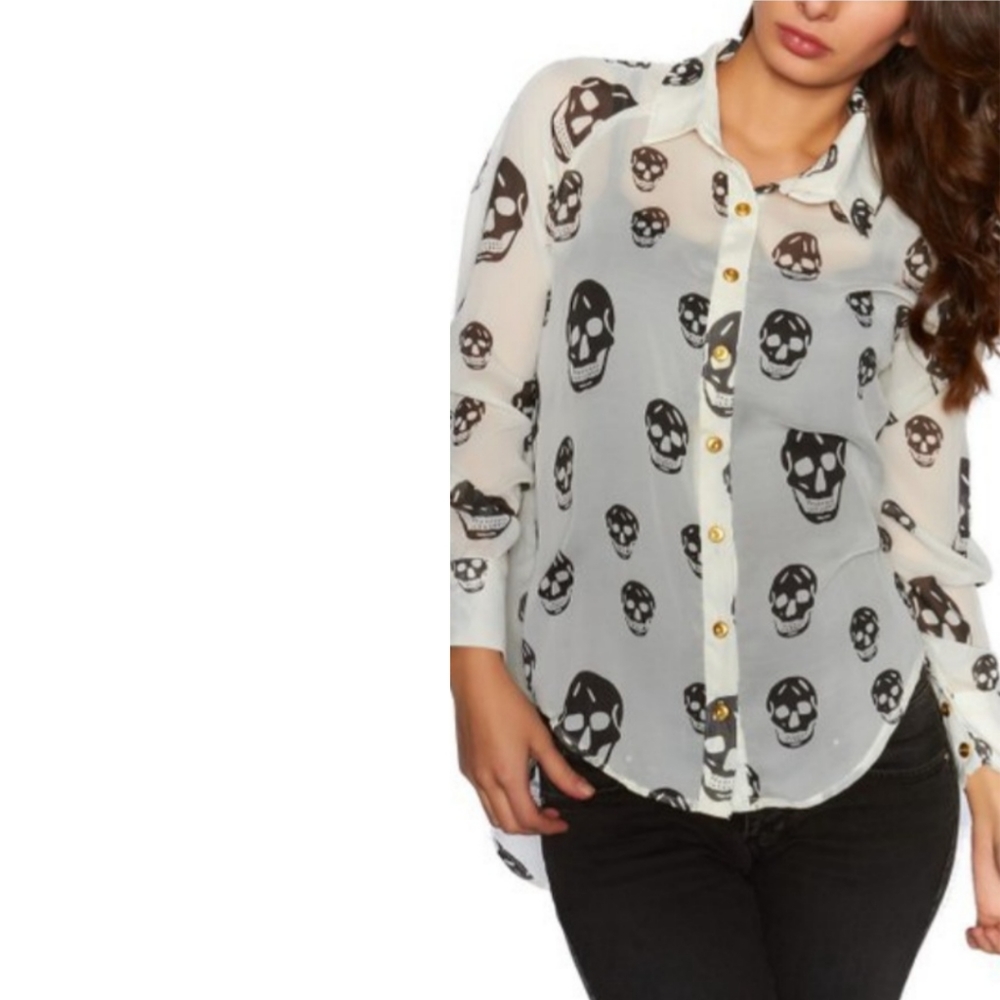 Fun & Flirt Sheer Button Down Skull Print
